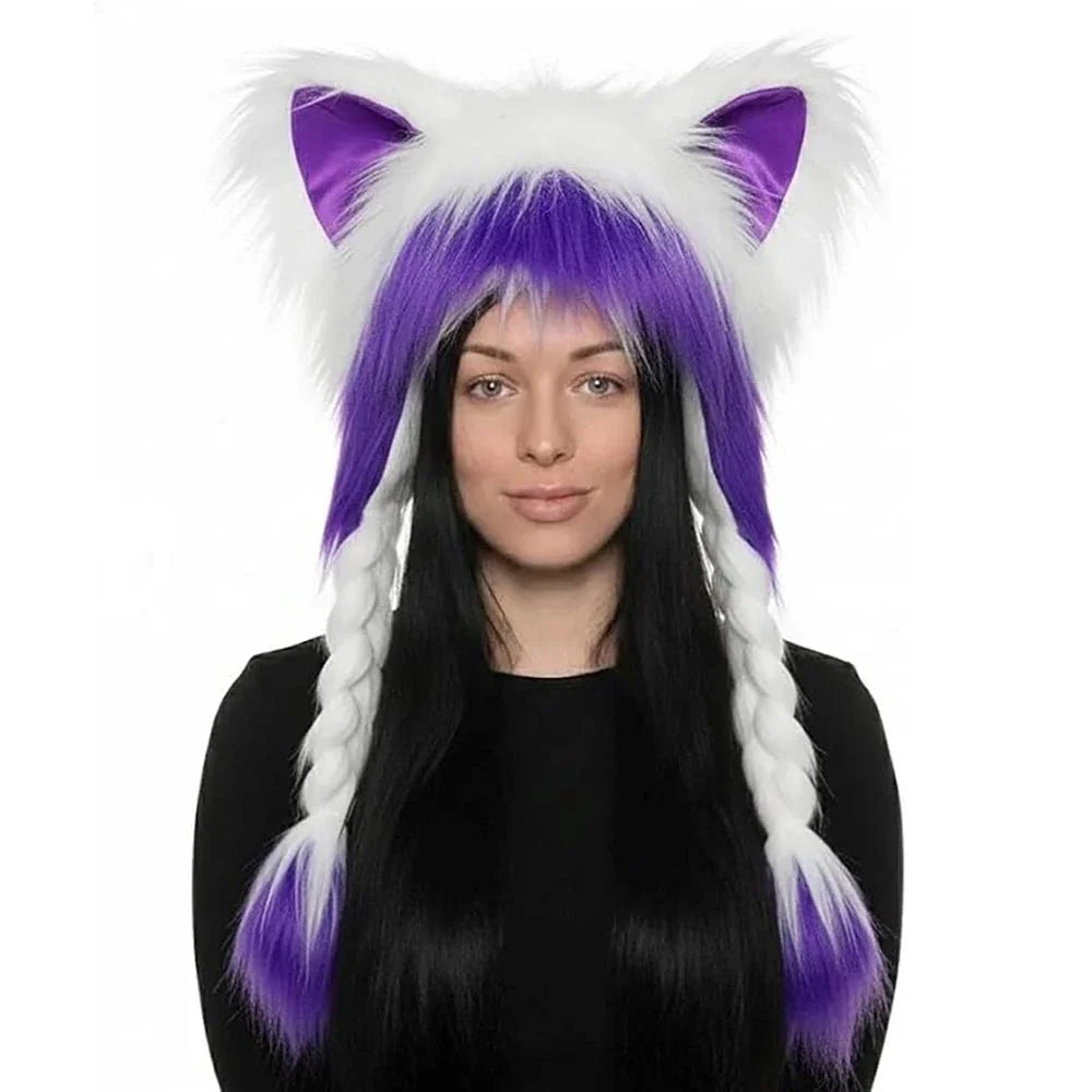 Model wearing a fluffy plush cat ear hat