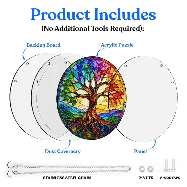 A diagram showing the included parts of the tree of life acrylic puzzle suncatcher such as backing board dust cover panel stainless steel chain nuts and screws