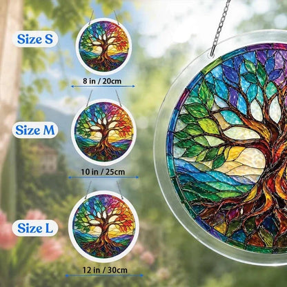 A size chart showing three rainbow tree of life suncatchers in S M and L measuring 8 10 and 12 inches with a large size detail on the right