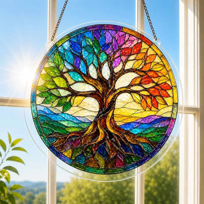 A round acrylic suncatcher with a colorful rainbow tree of life hanging from a chain in front of a bright white window