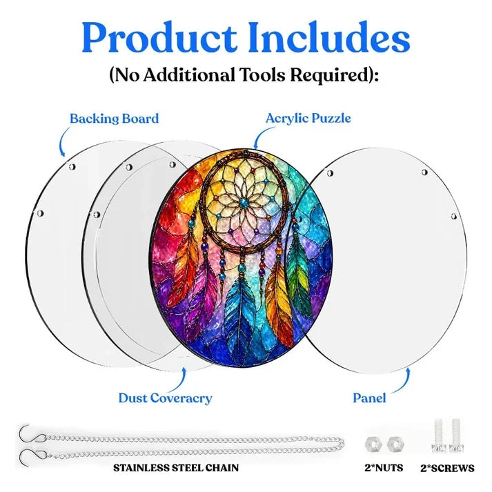A diagram showing the included parts of the rainbow dreamcatcher acrylic puzzle suncatcher such as backing board dust cover panel stainless steel chain nuts and screws