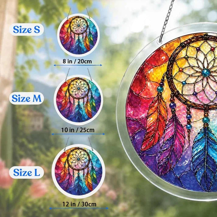 A size chart showing three rainbow dreamcatcher suncatchers in S M and L measuring 8 10 and 12 inches with a large size detail on the right