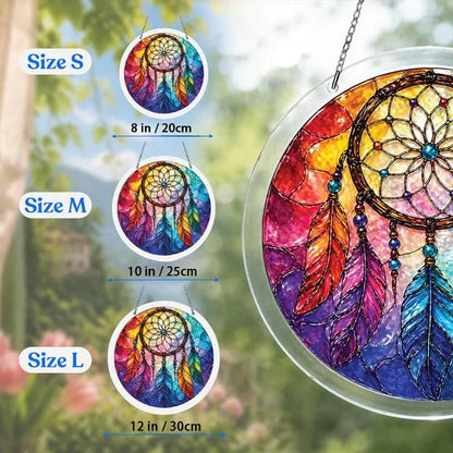 A size chart showing three rainbow dreamcatcher suncatchers in S M and L measuring 8 10 and 12 inches with a large size detail on the right