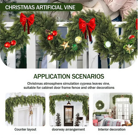 Christmas artificial vine with red bows and decorations on a white background