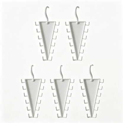 Five white plastic cone-shaped jewelry display stands with hook hangers, arranged on a plain white background.