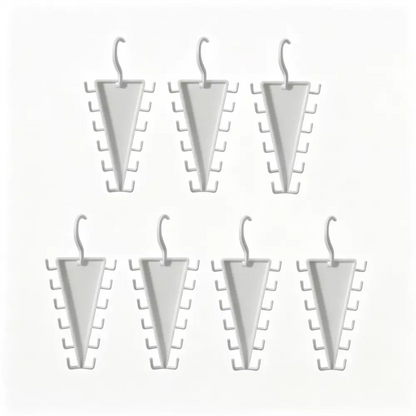 Six white plastic jewelry display hooks arranged in two rows on a plain white background.
