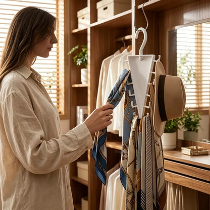 A woman in a beige linen shirt hangs a blue patterned scarf on a white wall-mounted organizer, with other scarves, a hat, and folded garments visible in a warm, wood-toned closet or dressing area.