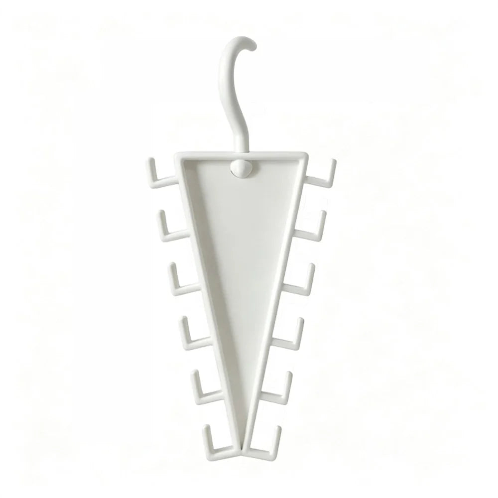 A white plastic umbrella stand with a hook at the top and multiple side slots, shown against a plain white background.