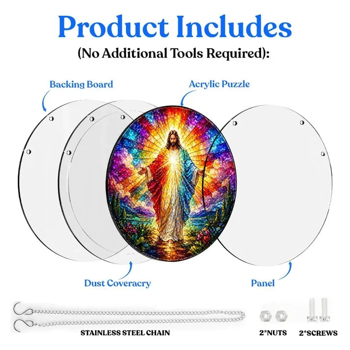 A diagram showing the included parts of the sacred grace acrylic puzzle suncatcher such as backing board dust cover panel stainless steel chain nuts and screws