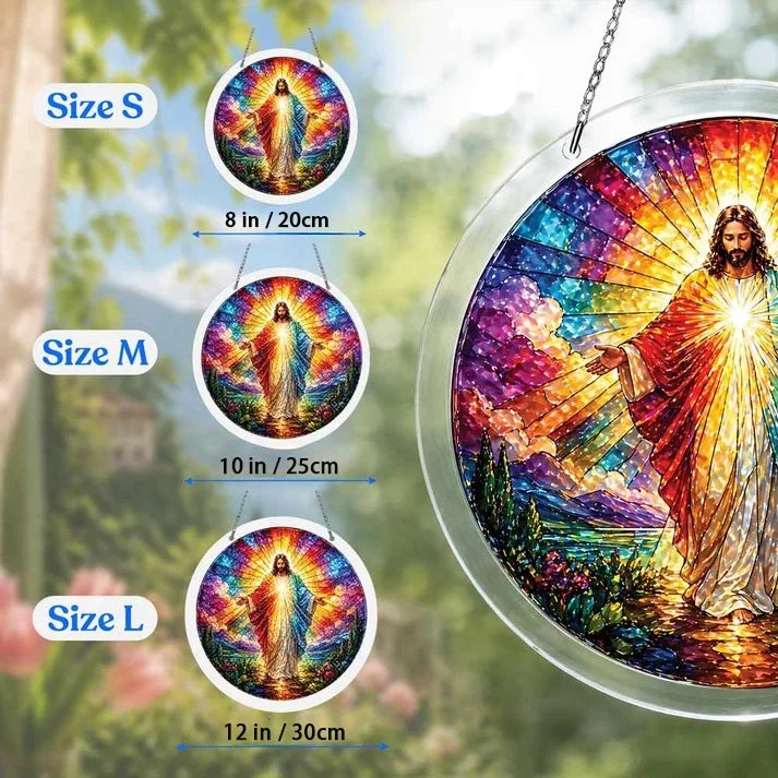 A size chart showing three sacred grace suncatchers in S M and L measuring 8 10 and 12 inches with a large size detail on the right