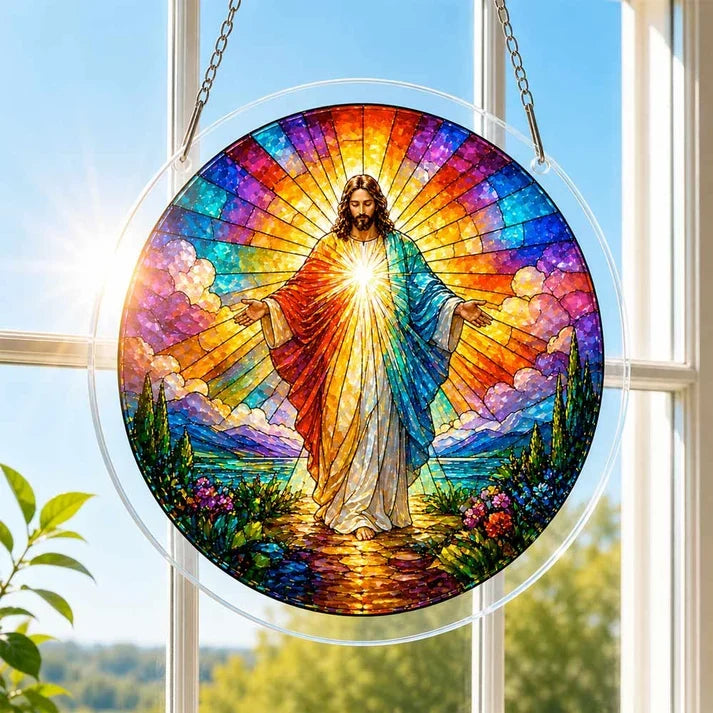 A round acrylic suncatcher depicting a radiant Jesus figure with open arms hanging from a chain in front of a bright white window
