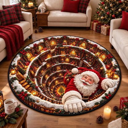 A round Christmas-themed area rug displayed in a cozy living room. The rug features a detailed spiral illustration of a snowy library with glowing bookshelves and a large Santa Claus figure reaching out from the center.