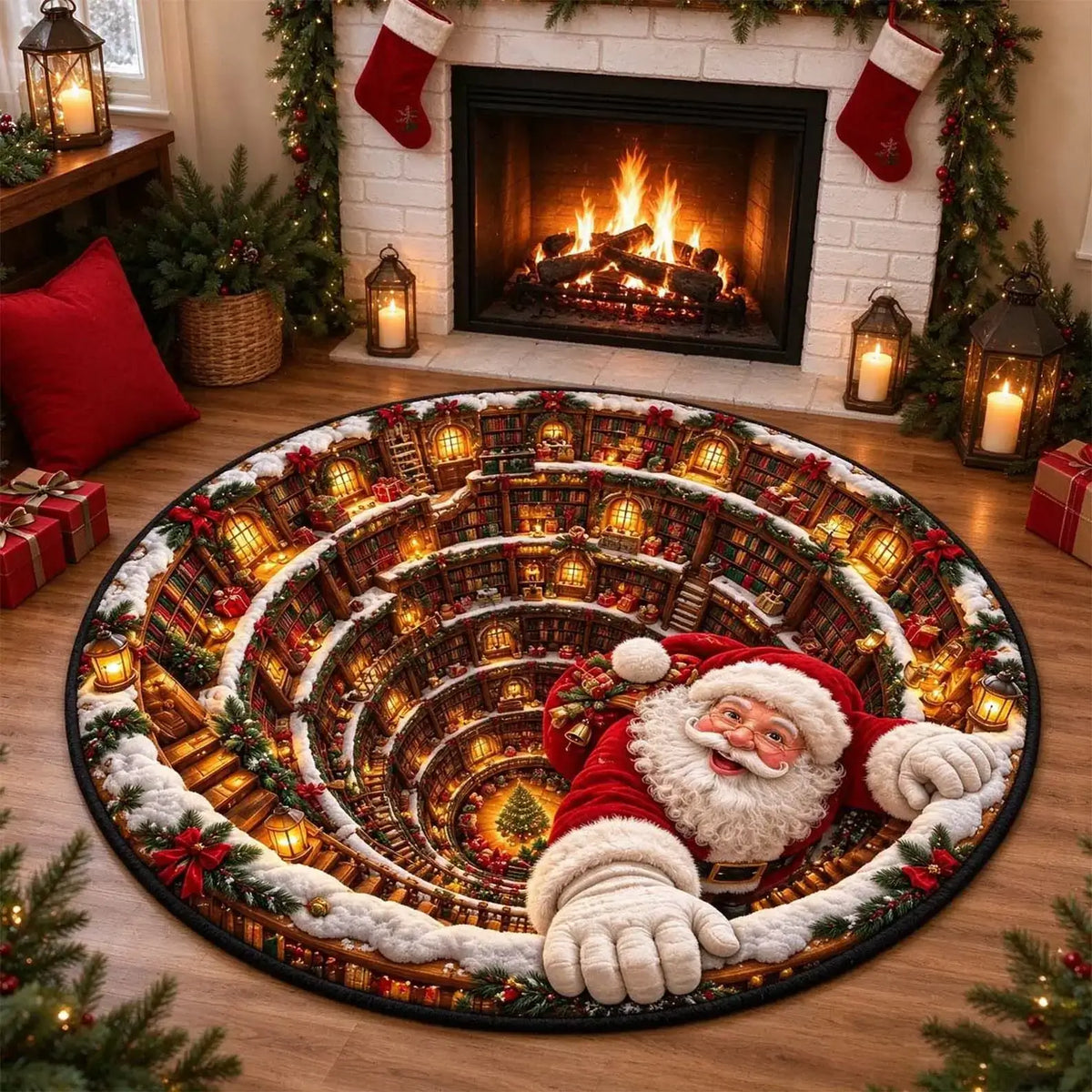 A round Christmas-themed area rug featuring a spiral library scene with Santa Claus peeking out from the center, styled in a cozy living room with a lit fireplace, stockings, and holiday decorations.