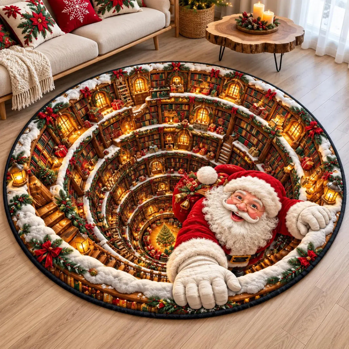 A round Christmas-themed area rug featuring a detailed spiral library scene with Santa Claus peeking out from the bottom right, shown in a styled living room setting.