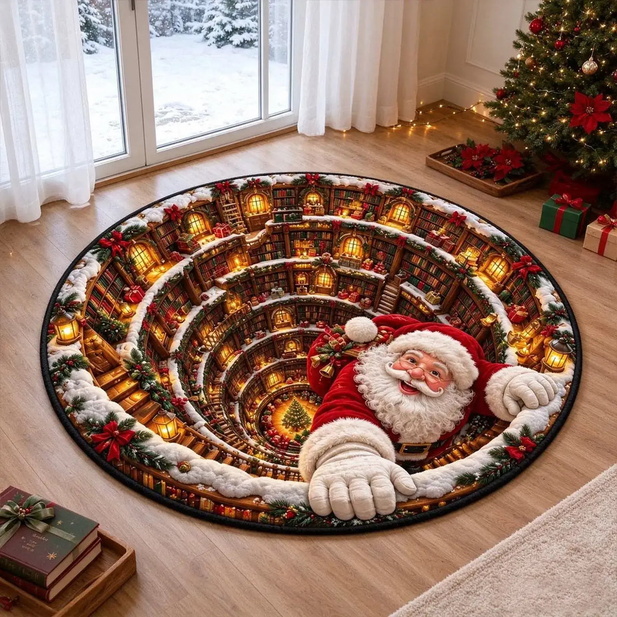 A round Christmas-themed area rug displayed on a wooden floor in a decorated room. The rug features a detailed spiral library scene with glowing bookshelves, snow, greenery, and a large Santa Claus figure reaching out from the center.