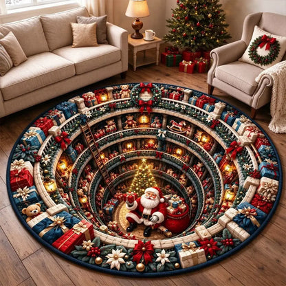 A round Christmas-themed area rug displayed on a wooden floor in a cozy living room setting. The rug features a detailed 3D-style design of a spiral staircase leading down to Santa Claus in his sleigh, surrounded by shelves of gifts, ornaments, and a Christmas tree.
