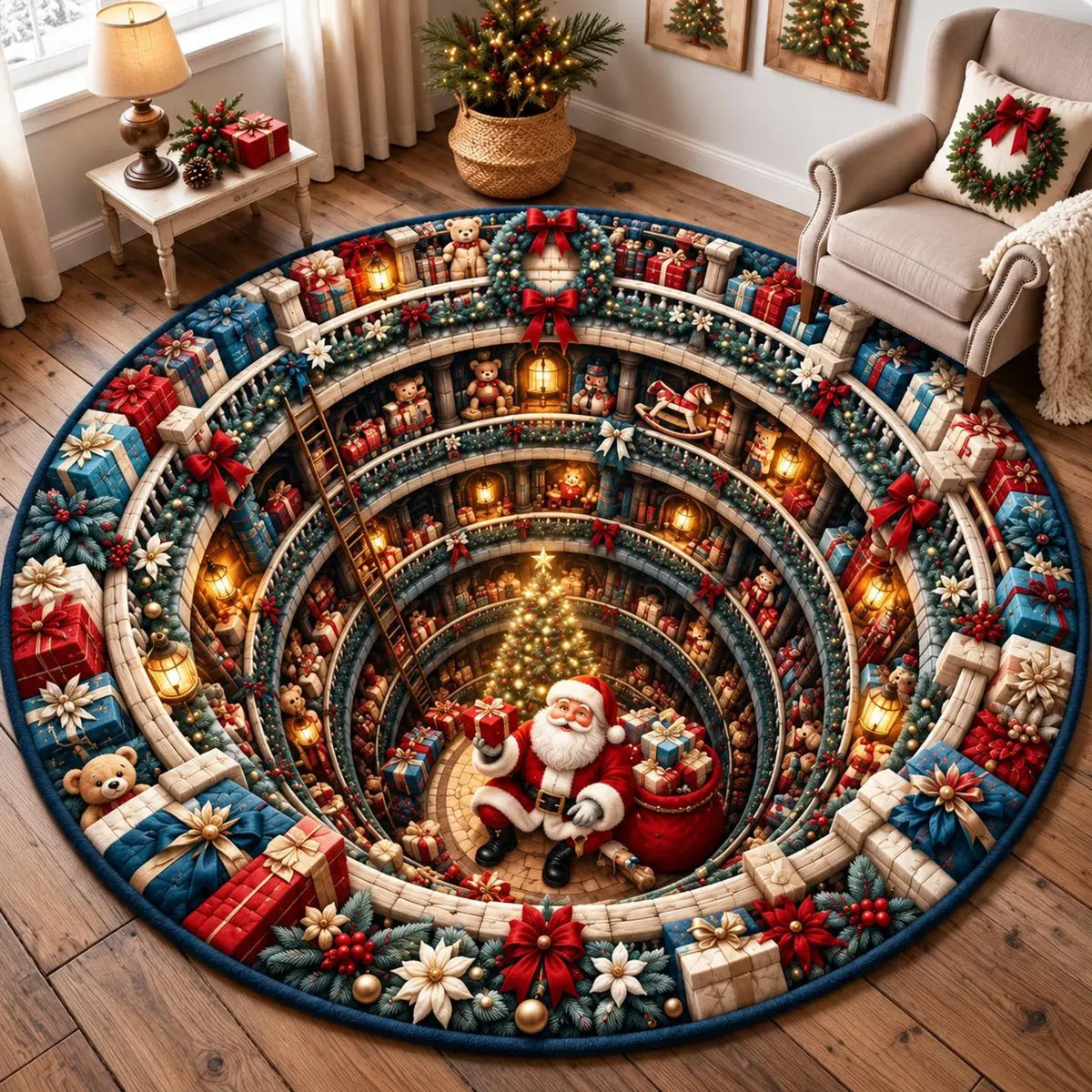 A round Christmas-themed area rug displayed on a wooden floor in a cozy living room. The rug features a detailed spiral design depicting Santa Claus in the center, surrounded by shelves of wrapped gifts, glowing Christmas lights, pine branches, and red bows.