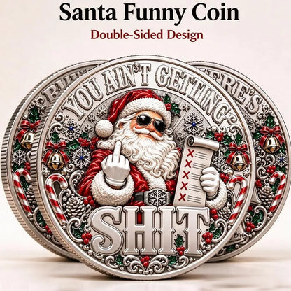 Close-up view of Santa artwork and lettering on the novelty coin