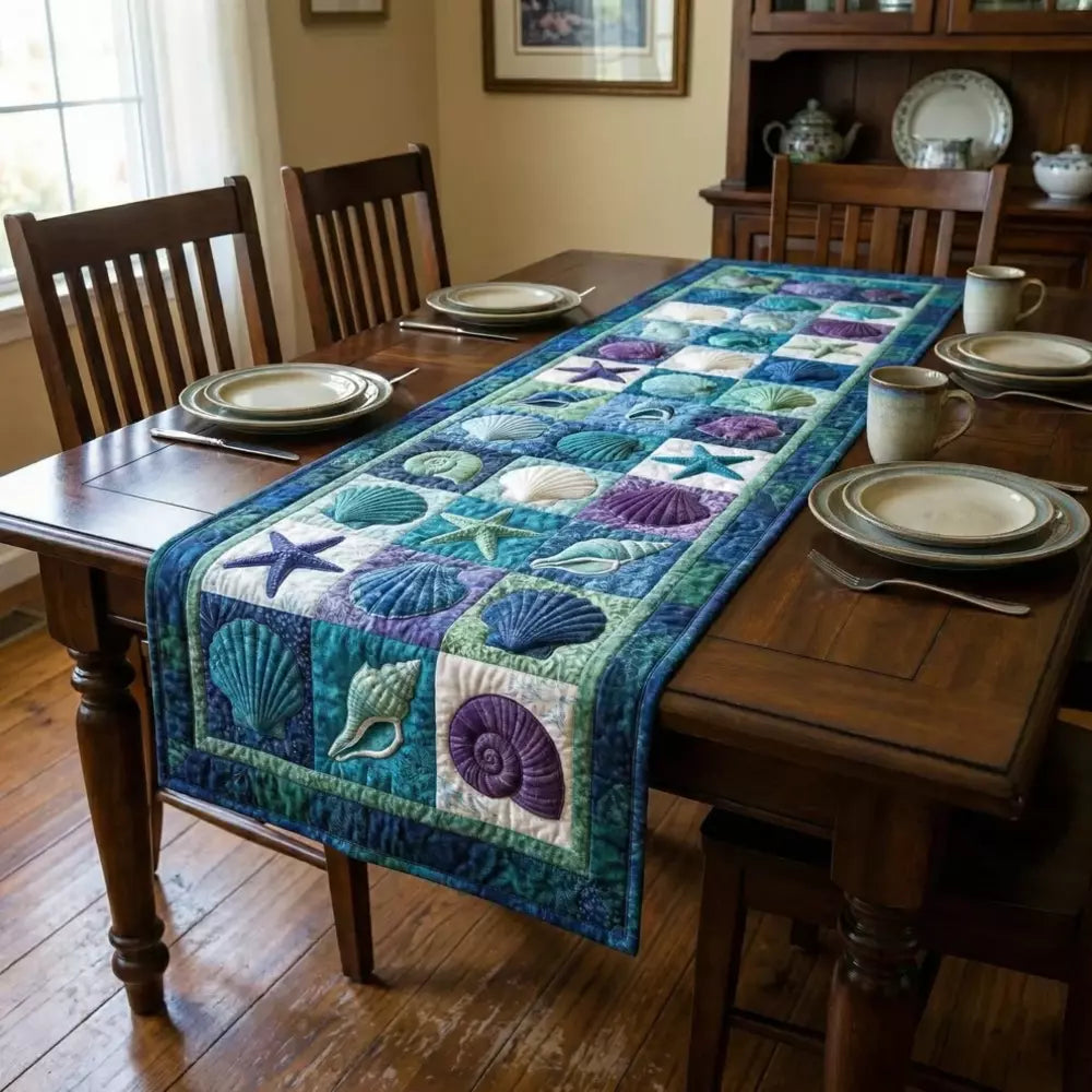 A quilted ocean themed table runner with shells and starfish squares on a dark wooden dining table in a cozy dining room with plates mugs and chairs