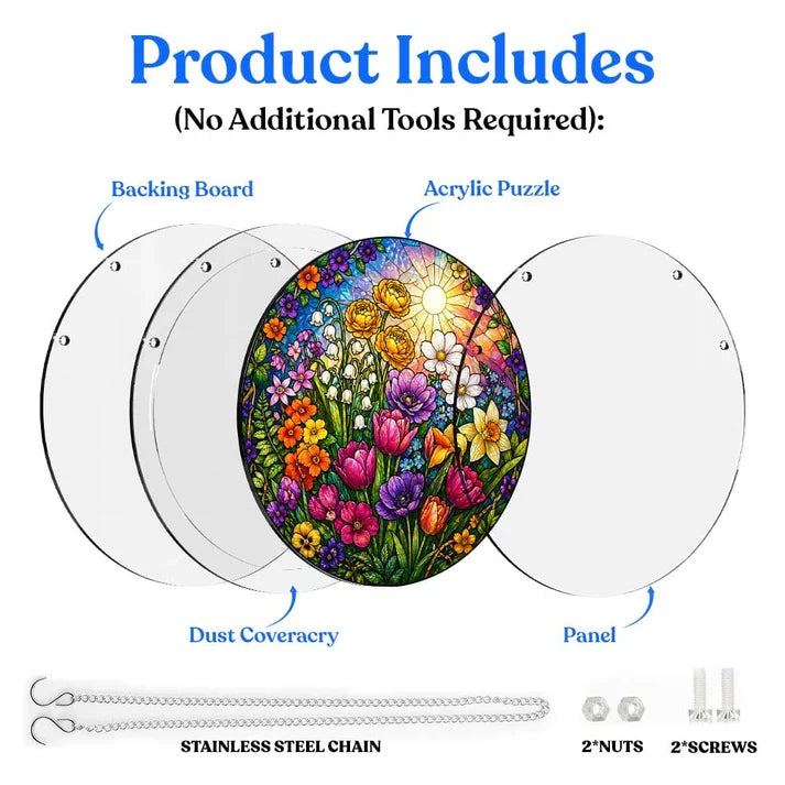 A diagram showing the included parts of the spring garden acrylic puzzle suncatcher such as backing board dust cover panel stainless steel chain nuts and screws