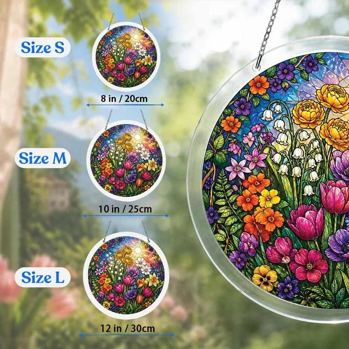 A size chart showing three colorful flower suncatchers in S M and L measuring 8 10 and 12 inches with a large size detail on the right