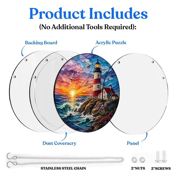 A diagram showing the included parts of the lighthouse acrylic puzzle suncatcher such as backing board dust cover panel stainless steel chain nuts and screws