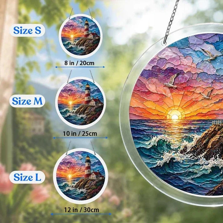 A size chart showing three lighthouse seaside suncatchers in S M and L measuring 8 10 and 12 inches with a large size detail on the right