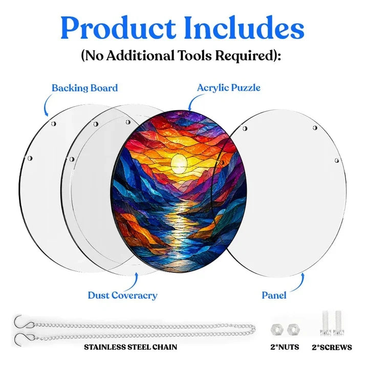 A diagram showing the included parts of the sunset waves acrylic puzzle suncatcher such as backing board dust cover panel stainless steel chain nuts and screws