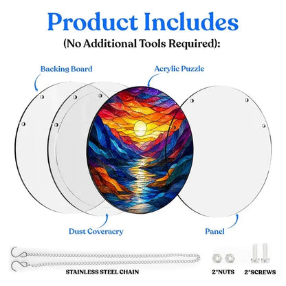 A diagram showing the included parts of the sunset waves acrylic puzzle suncatcher such as backing board dust cover panel stainless steel chain nuts and screws
