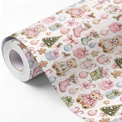 Christmas gift wrap featuring a teddy bear holiday design