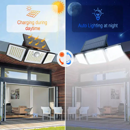 Three adjustable light heads on a solar-powered outdoor spotlight