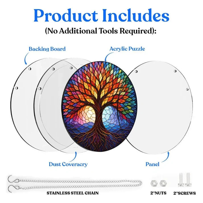 A diagram showing the included parts of the tree of life acrylic puzzle suncatcher such as backing board dust cover panel stainless steel chain nuts and screws
