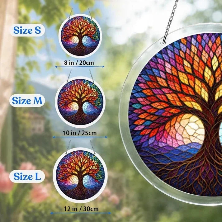 A size chart showing three tree of life suncatchers in S M and L measuring 8 10 and 12 inches with a large size detail on the right