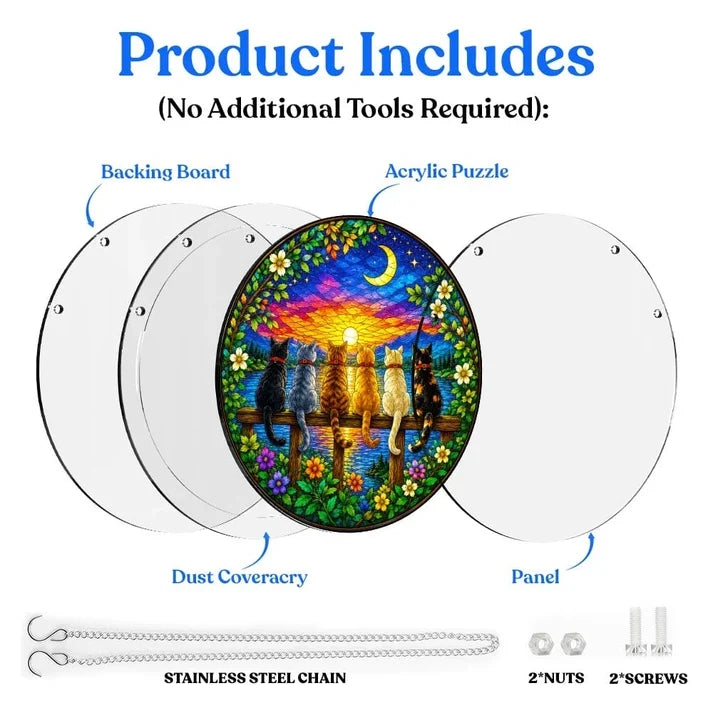 A diagram showing the included parts of the twilight cats acrylic puzzle suncatcher such as backing board dust cover panel stainless steel chain nuts and screws