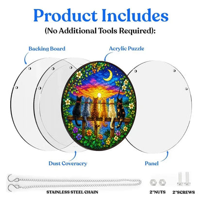 A diagram showing the included parts of the twilight cats acrylic puzzle suncatcher such as backing board dust cover panel stainless steel chain nuts and screws
