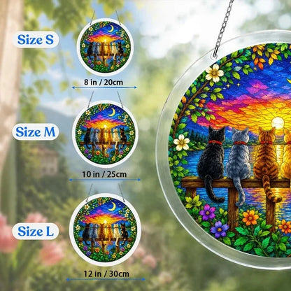 A size chart showing three twilight cats suncatchers in S M and L measuring 8 10 and 12 inches with a large size detail on the right
