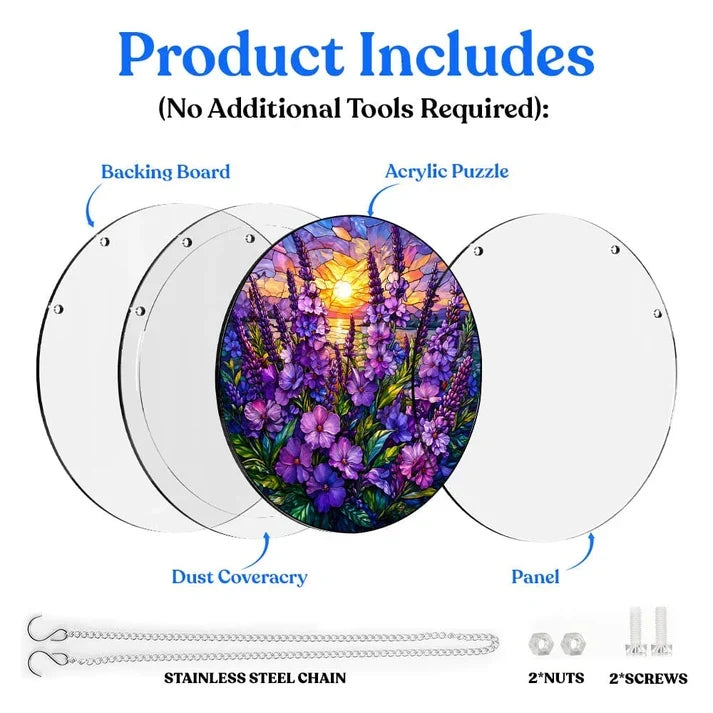 A diagram showing the included parts of the violet sunset acrylic puzzle suncatcher such as backing board dust cover panel stainless steel chain nuts and screws