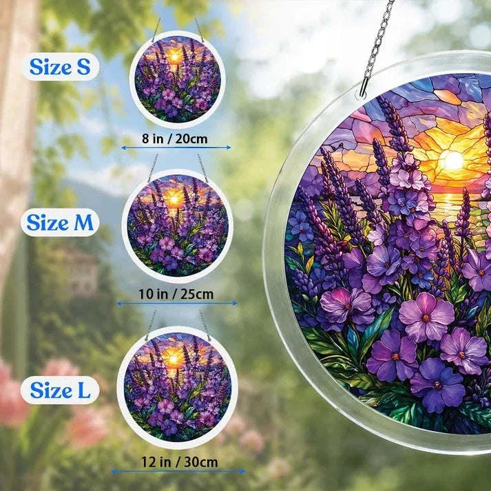A size chart showing three violet wildflower suncatchers in S M and L measuring 8 10 and 12 inches with a large size detail on the right