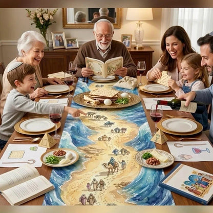 Watercolor artwork depicting the Israelites crossing the parted Red Sea