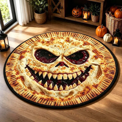 A round Halloween rug featuring a spooky pie design with a menacing face, set on a wooden floor in a decorated room with pumpkins and lanterns.