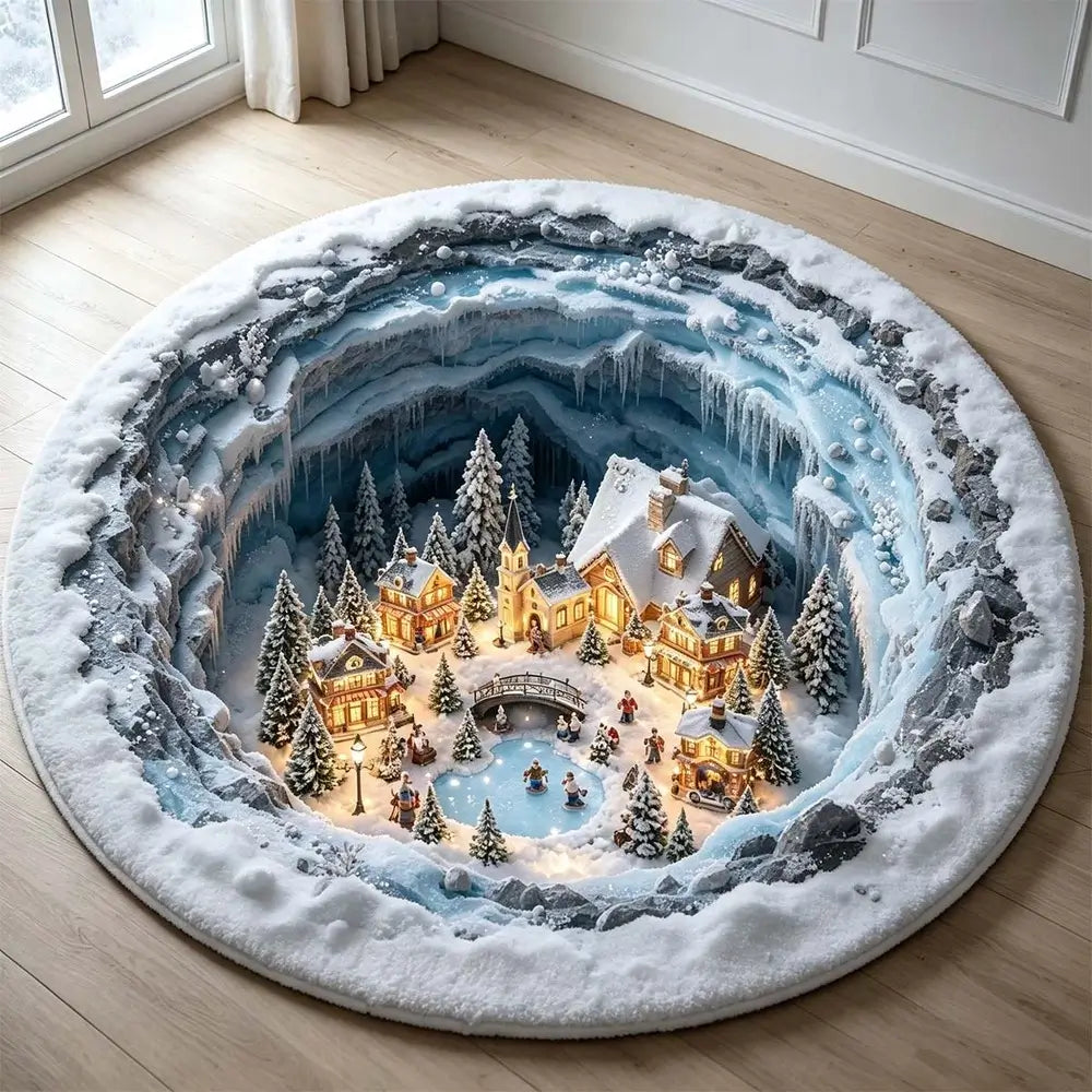 A round plush rug featuring a detailed 3D winter village scene with glowing houses, snow-covered trees, a frozen pond, and icy mountain cliffs, displayed on a light wood floor.