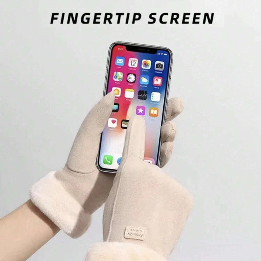 A pair of cream-colored touchscreen-compatible gloves shown on hands holding a smartphone, with the text 'FINGERTIP SCREEN' at the top. The gloves are designed with a touchscreen-friendly design, allowing users to use their fingers to interact with the phone while protecting the screen.