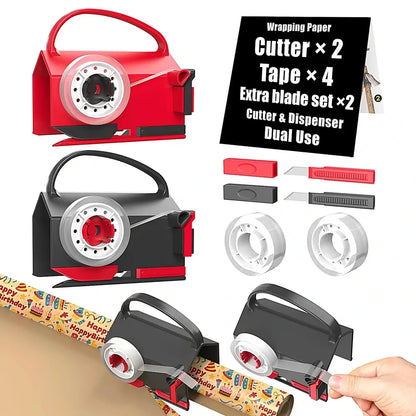 Packaging of a wrapping paper cutter with accessories on a white background