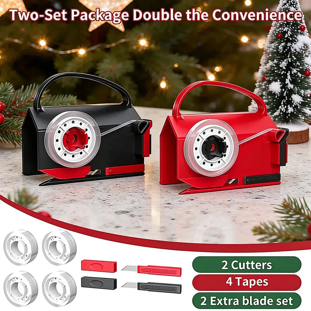 Two-pack of card envelope cutter machines in black and red, shown with four silver tape rolls, two extra blades, and promotional text on a holiday-themed background.